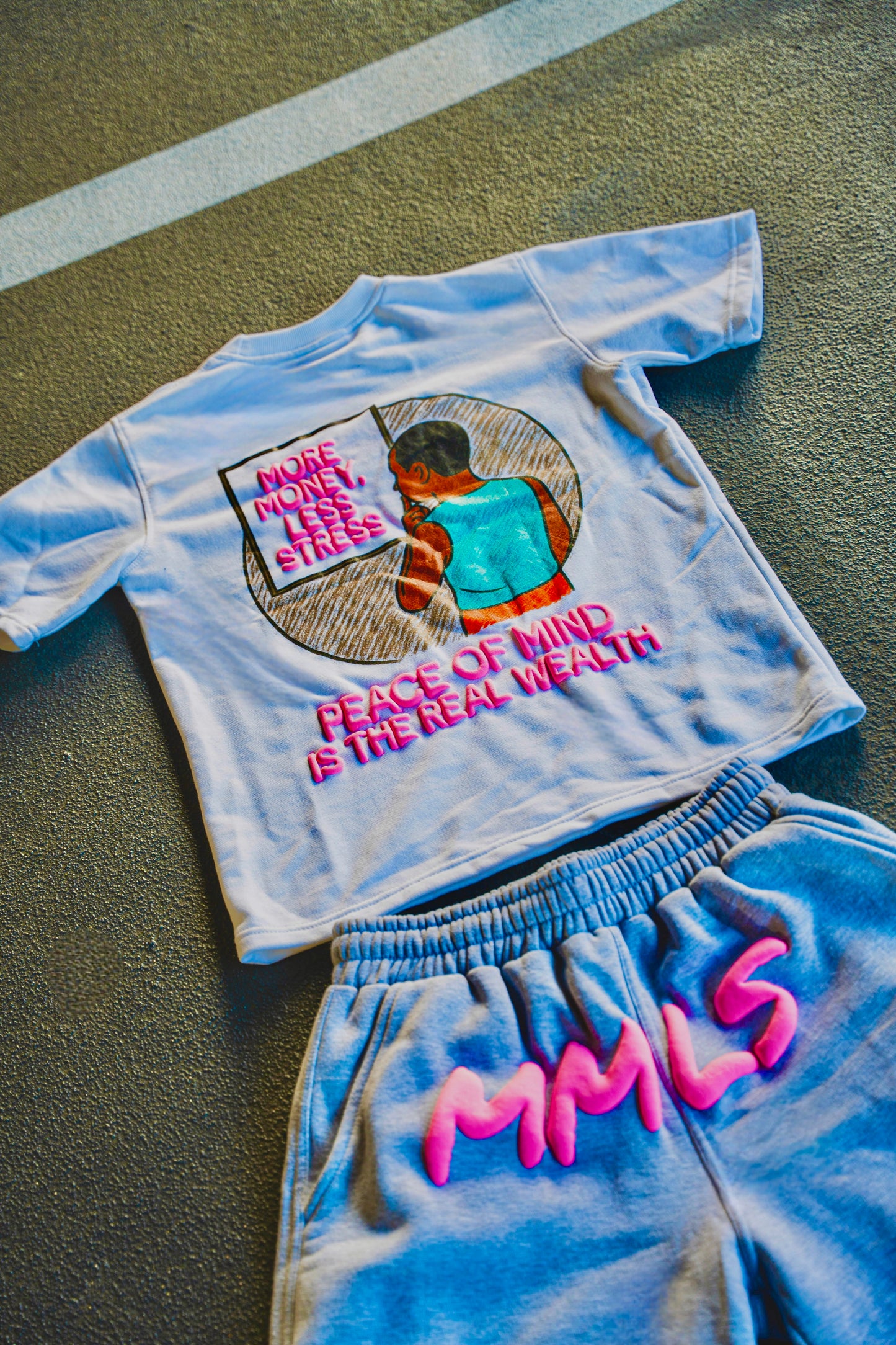 royal pink “paid in peace” shorts set