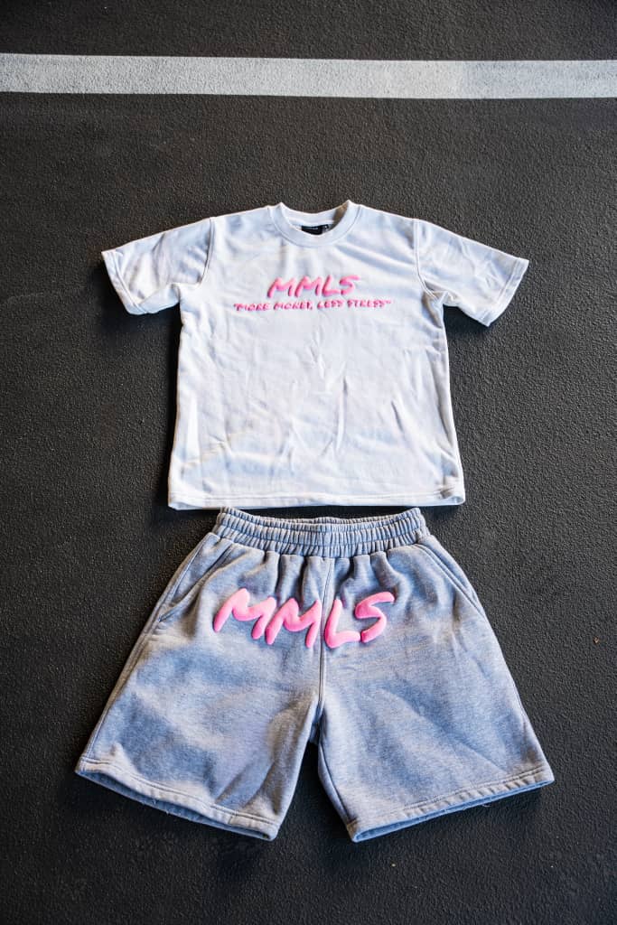 royal pink “paid in peace” shorts set